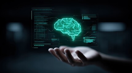 Digital Brain Illustration in Futuristic Technology Interface with Neon Blue Highlights