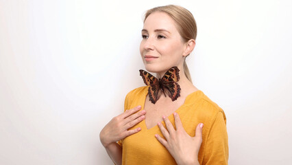 Woman with a butterfly on her neck, symbolizing an enlarged thyroid gland. Diagnosis and treatment...