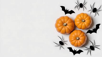Halloween flat lay composition with pumpkins spiders and bats on white background great for seasonal greetings and themed decorations