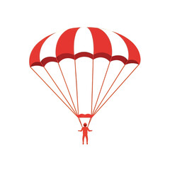 A person wearing a red and white striped parachute, suspended in mid-air against a dark background.