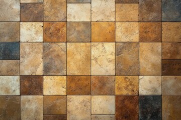Close-up view of multicolored rustic ceramic wall tiles with shades of brown, beige, and gray arranged in a grid pattern