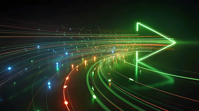 Dynamic flow of colorful light trails moving at high speed and converging into a luminous green arrow symbolizing progress and direction