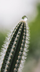 Naklejka premium A detailed macro shot captures a dewdrop shimmering on the tip of a cactus spine, with a soft green background for focus and calm