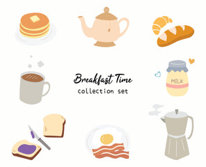 Breakfast time collection doodle illustration collection set. Bread, tea, coffee, pancake, vector clip art hand drawn colorful for asset, design, icon, poster, menu, cafe
