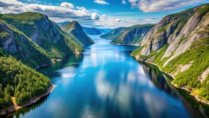 Naklejka premium Drone shot of the stunning Saguenay Fjord in Quebec with turquoise waters reflecting the surrounding rugged landscape and snow-capped peaks