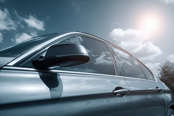 Tinted side view of a car window reflecting sunlight and clouds in a clear blue sky during the afternoon
