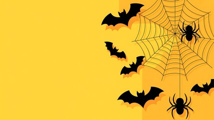 Naklejka premium Spooky Halloween Background with Bats Spiders and Cobweb Featuring Vibrant Yellow Color Palette and Copy Space for Festive Invitations