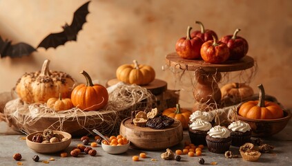 Spooky sweet treats and pumpkins set a festive scene for cozy Halloween celebration. Halloween table setting with sweets, pumpkins and cookies. Autumn still life with pumpkins, berries, nuts and cakes