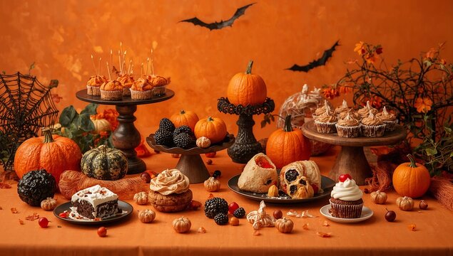 Spooky Halloween dessert table setup with pumpkins, cupcakes and festive treats on an orange background. Perfect for autumn celebration, holiday baking and Halloween part inspiration.