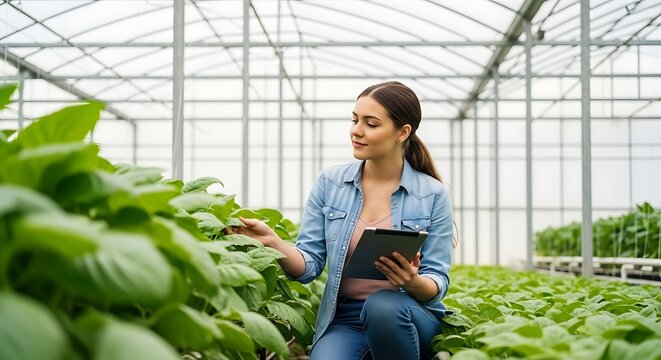 A woman is inspecting plants in a greenhouse, using a tablet to monitor data and ensure optimal growth for sustainable agriculture practices