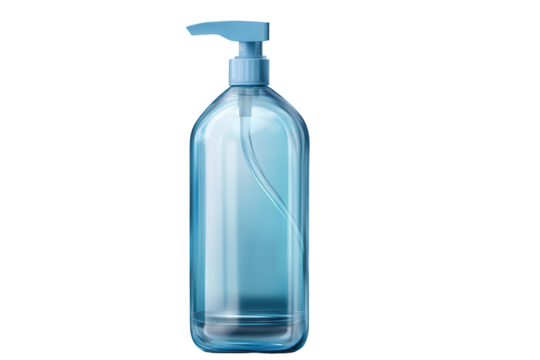 Hand wash bottle with blue pump top isolated on transparent background with low resolution and high detail views for cleaning product marketing and presentation