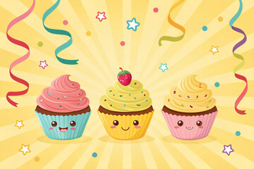 Three Cute Kawaii Cupcakes with Sprinkles and Confetti on Yellow Background cartoon dessert