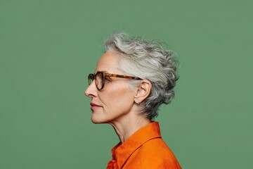 Mature woman with short gray hair and glasses poses against a solid green background, showcasing elegance and confidence in her expression
