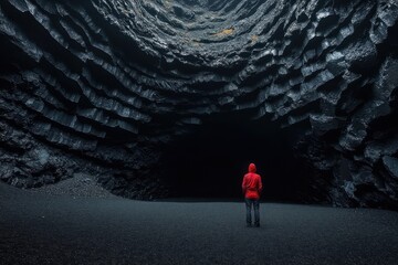 person in red jacket standing inside a large dark volcanic cave with layered rock formations and a bright opening above