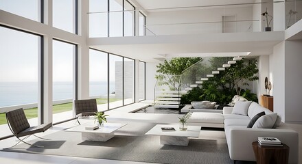 A modern house interior with a stunning ocean view, featuring minimalist design, comfortable furniture, and an open, airy space with natural light