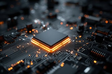 Glowing microchip illuminates intricate circuit board design showcasing advanced technology and innovation at close range with vibrant orange highlights and dark backdrop
