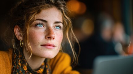 Fototapeta premium Young woman with blue eyes and freckles gazes thoughtfully while seated in a cozy caf?