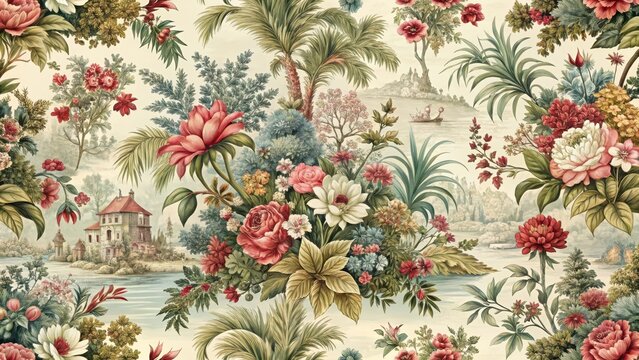 Intricate floral and scenic motifs create a visually stunning seamless toile pattern featuring various foliage designs on a soft background