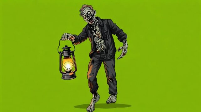 Zombie holding a lantern with a green background in a cartoon style illustration image green screen halloween zombie video