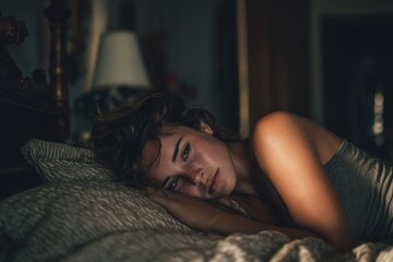 Woman resting peacefully in the bedroom during the night, with soft lighting highlighting her serene expression on the cozy bed