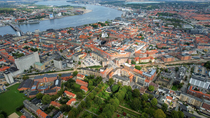Aerial panorama of the downtown of the city Aalborg in Denmark on a sunny summer day.