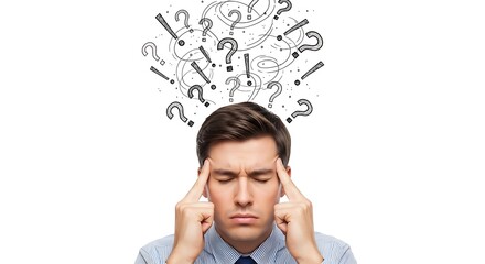Man thinking with question marks isolated on white background, representing ideas, problem solving, and the thought process, seeking clarity and understanding