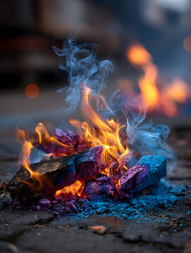 campfire blazes with orange flames and blue purple embers