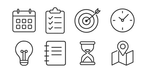 Minimal outline productivity icons set with calendar, checklist, clock, target, lightbulb, notebook, hourglass, and map. Time management and goal planning concept.