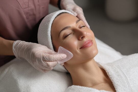 Woman enjoying a gua sha massage in a relaxing salon environment for rejuvenation and beauty enhancement