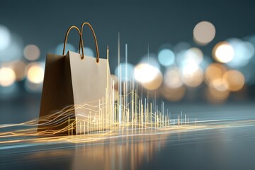 Financial data processing illustrated with a shopping bag, showcasing transaction trends against a dynamic background of abstract light patterns