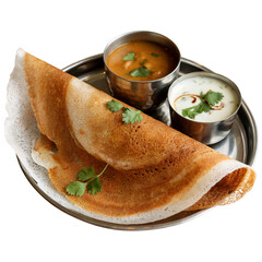 Masala Dosa with Sambar and Coconut Chutney platter with dosa and idli isolated on transparent background 
