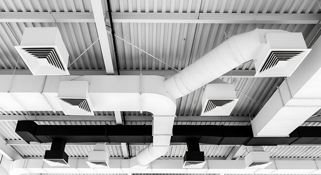 Complex ceiling ventilation system with ducts and pipes in an industrial building