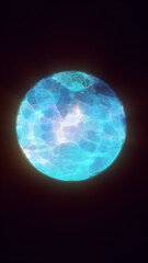 Abstract glowing blue energy sphere radiating with cosmic light in darkness