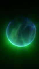 Abstract green glowing orb or planet with atmospheric haze on a dark background, symbolizing mystery, space, and energy