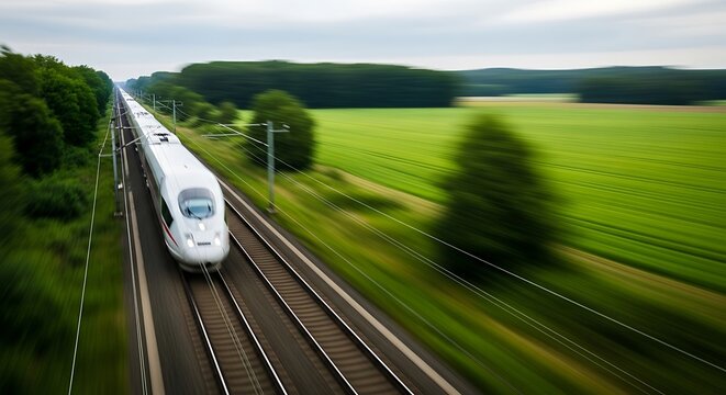 A highspeed train is speeding through the countryside, showcasing the efficiency and modernity of rail transport in a scenic landscape - Powered by Adobe