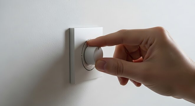Hand adjusting a dimmer switch on a white wall to control the light brightness and create the desired ambiance in the room