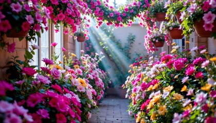 Fototapeta premium Enchanted Garden Scene with Vibrant Floral Arrangements