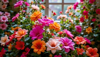 Colorful Floral Bouquet with Warm Light and Garden Backdrop