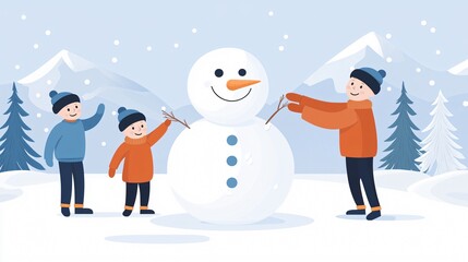 Group of kids building snowman together in bright winter wonderland landscape, snow covered pines and mountains in background under blue sky.
