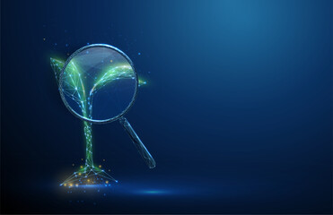 Seedling under a magnifying glass. Growth analysis, sustainability, plant monitoring, environmental protection, biotechnology, eco diagnostics concept.