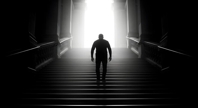 Silhouette of a man ascending the stairs, stepping out of darkness into radiant light, mysterious figure on a journey from shadow to illumination.