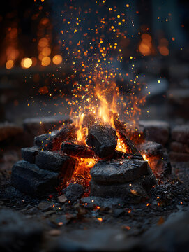 crackling campfire in a stone ring at night