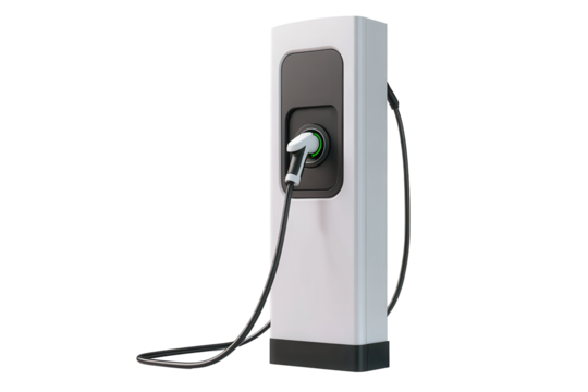 Electric car charging station situated in a remote area, designed for eco-friendly vehicle refueling, featuring a sleek design and featuring easy access