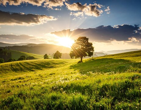 Lush green meadow at sunset, rolling hills