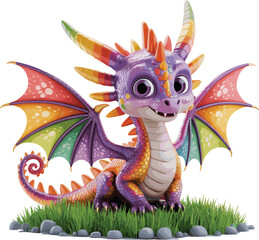 Colorful rainbow baby dragon cartoon, cute fantasy creature illustration, adorable mythical animal art, bright wings, digital character for kids