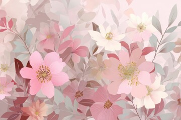 Fototapeta premium Beautiful soft floral background featuring pastel tones with delicate flowers and leaves in gentle hues for elegant decor