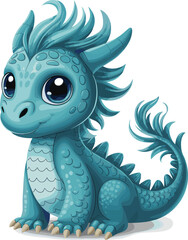 Cute baby dragon cartoon illustration, fantasy creature art, blue dragon with big eyes, mythical animal character, adorable digital artwork