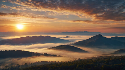 Fototapeta premium A breathtaking sunrise over misty mountains, cinematic landscape photography style, ultra-realistic, 8k, perfect lighting.