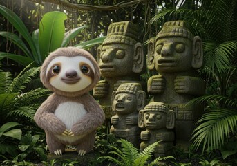 Obraz premium A cartoon sloth smiles sweetly next to moss-covered stone figures in a lush, green jungle setting