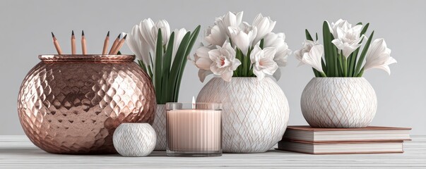 Floral Arrangement with Candle and Books